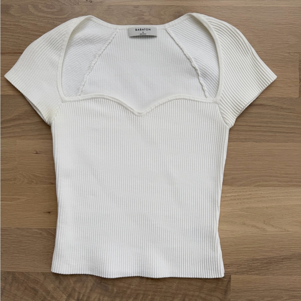 Babaton White Sculpt Knit Sweetheart Neck Top - Size S